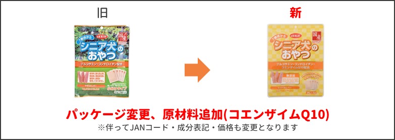シニア犬のおやつ グルコサミンコンドロイチン配合新旧比較