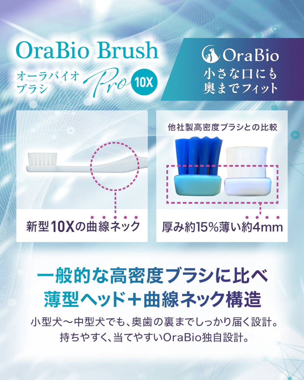 一般的な高密度ブラシとに比べ薄型ヘッド+曲線ネック構造