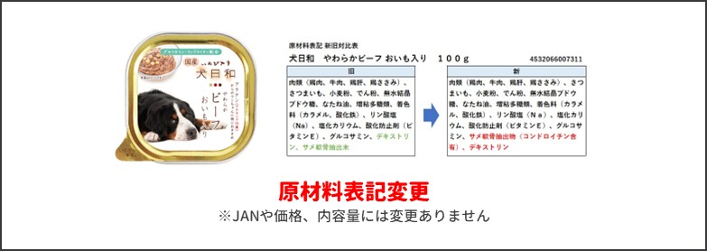 犬日和やわらかビーフおいも入り新旧比較